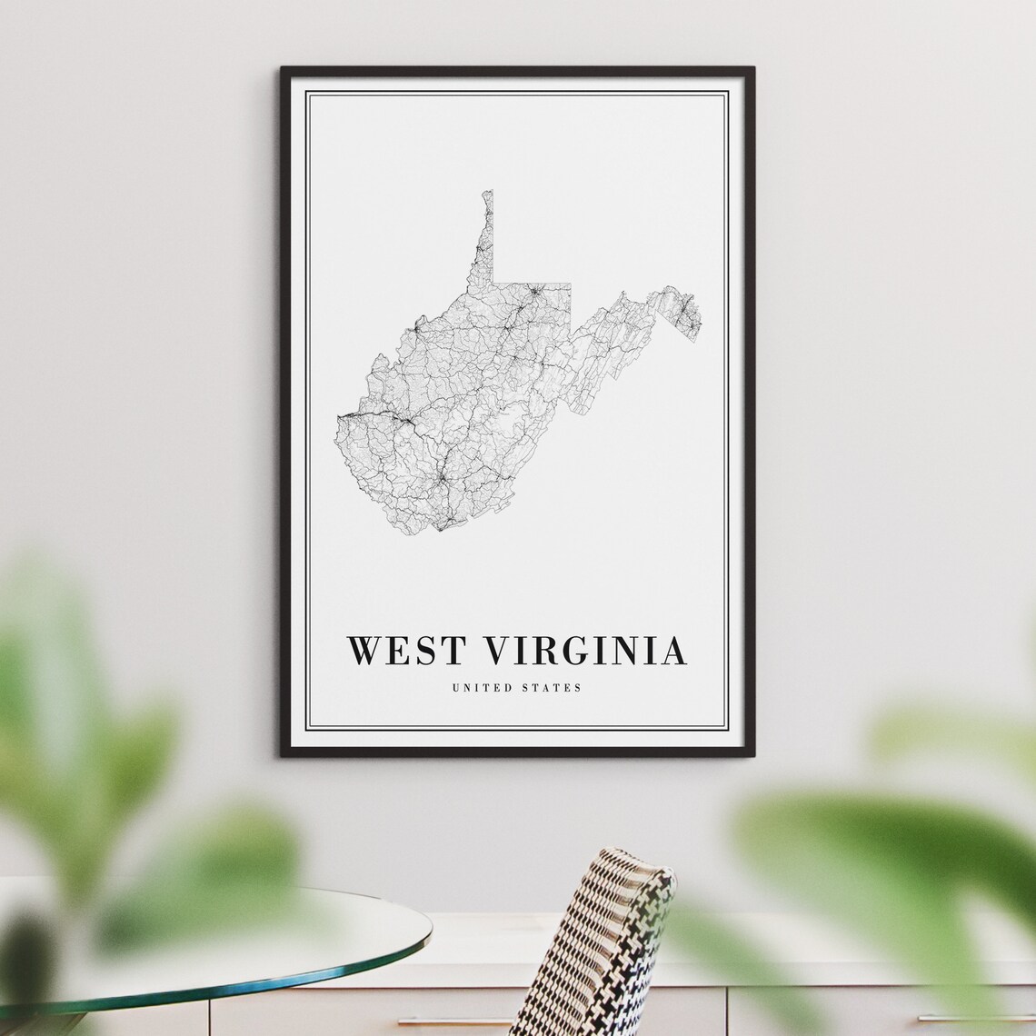 West Virginia State Map, Black and White Art Print - Image 3