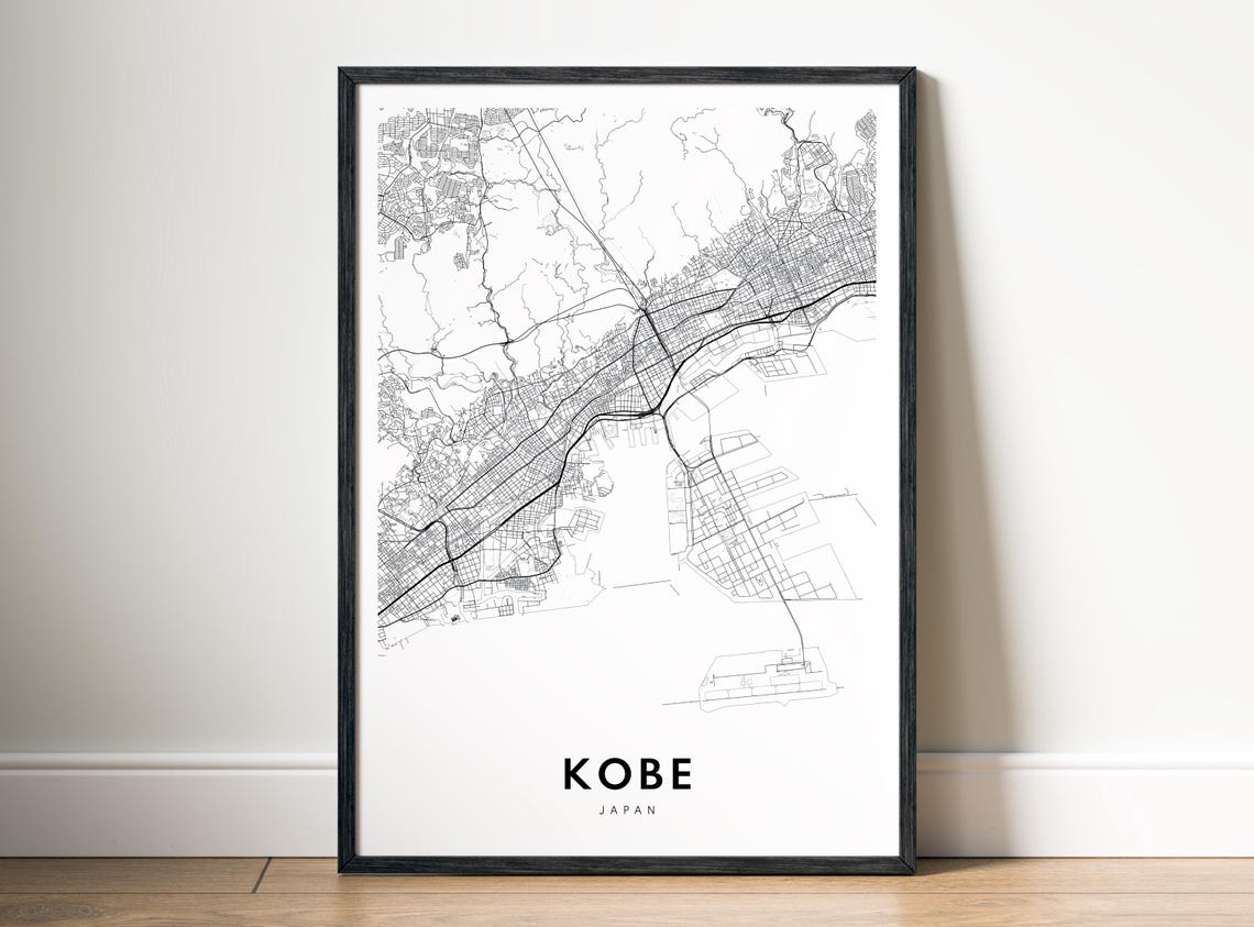 Kobe Japan Black And White Minimalist City Street Map Art Poster