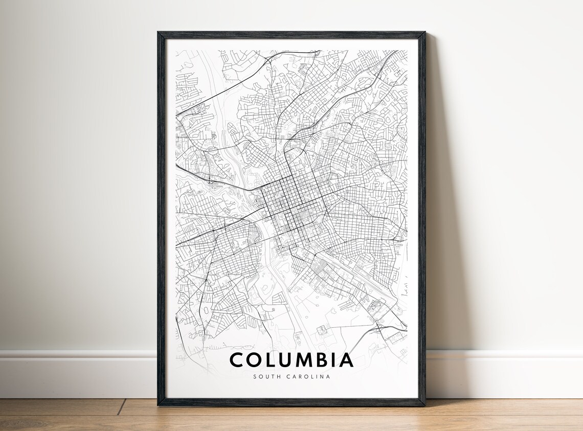 Columbia South Carolina Map Print, Black and White