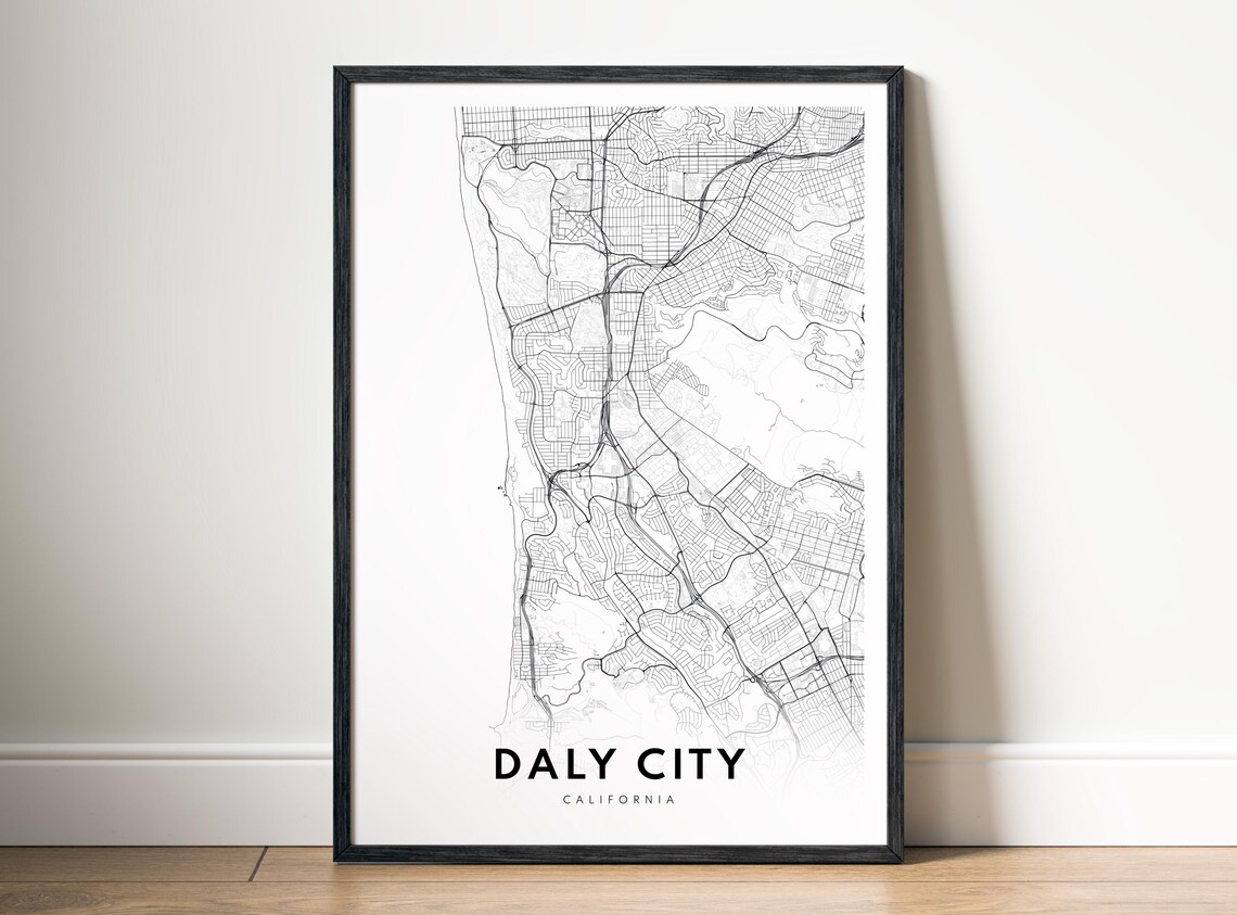 Daly City Ca Map Poster Black And White Minimalistic