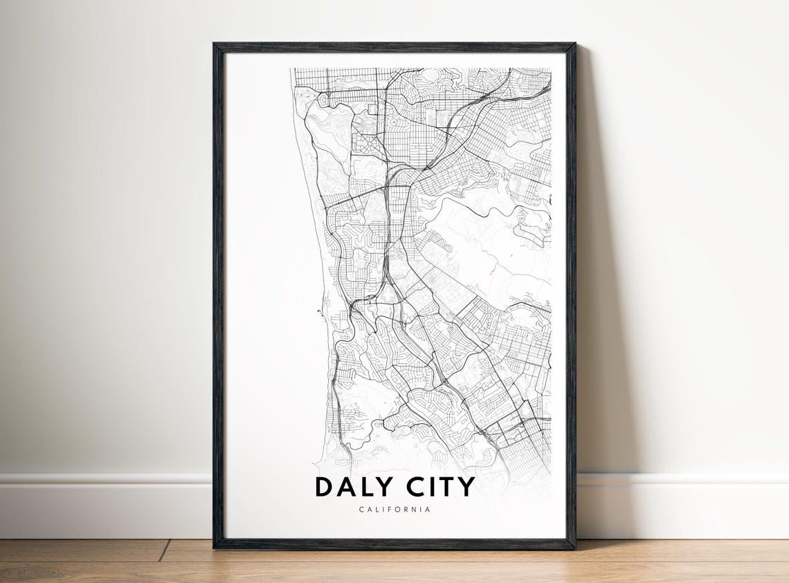Daly City California Black And White Minimal City Map Poster