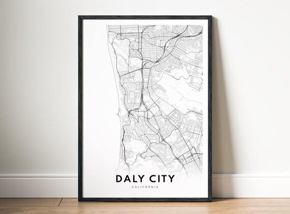 Daly City Ca Map Poster Black And White Minimalistic