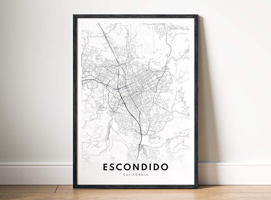 Escondido Ca Map Poster Minimalistic Black And White Print
