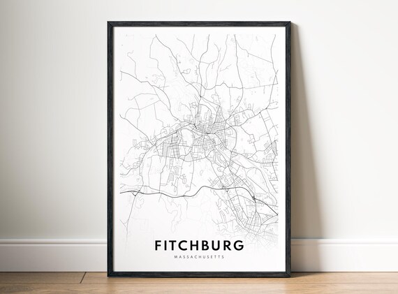 Fitchburg Massachusetts City Map Print Instant Black White Minimalist Wall Art In Two Styles