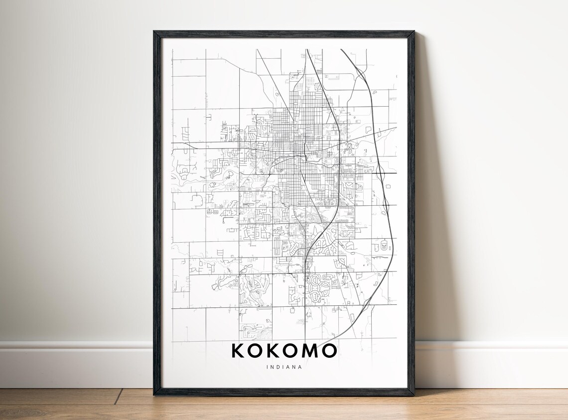 Kokomo In Map Print Indiana Poster City Black And White Wallart