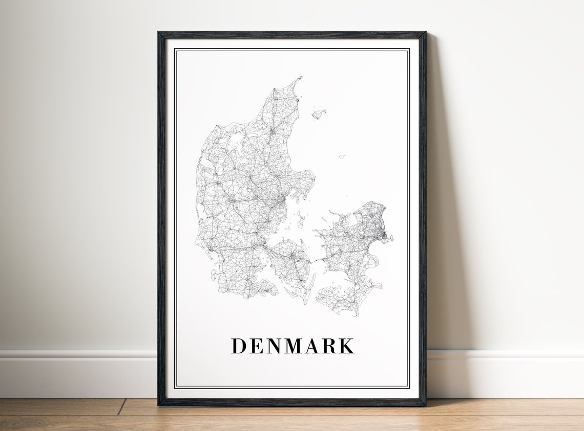Denmark Country Minimalist Black and White Road Map Art Poster
