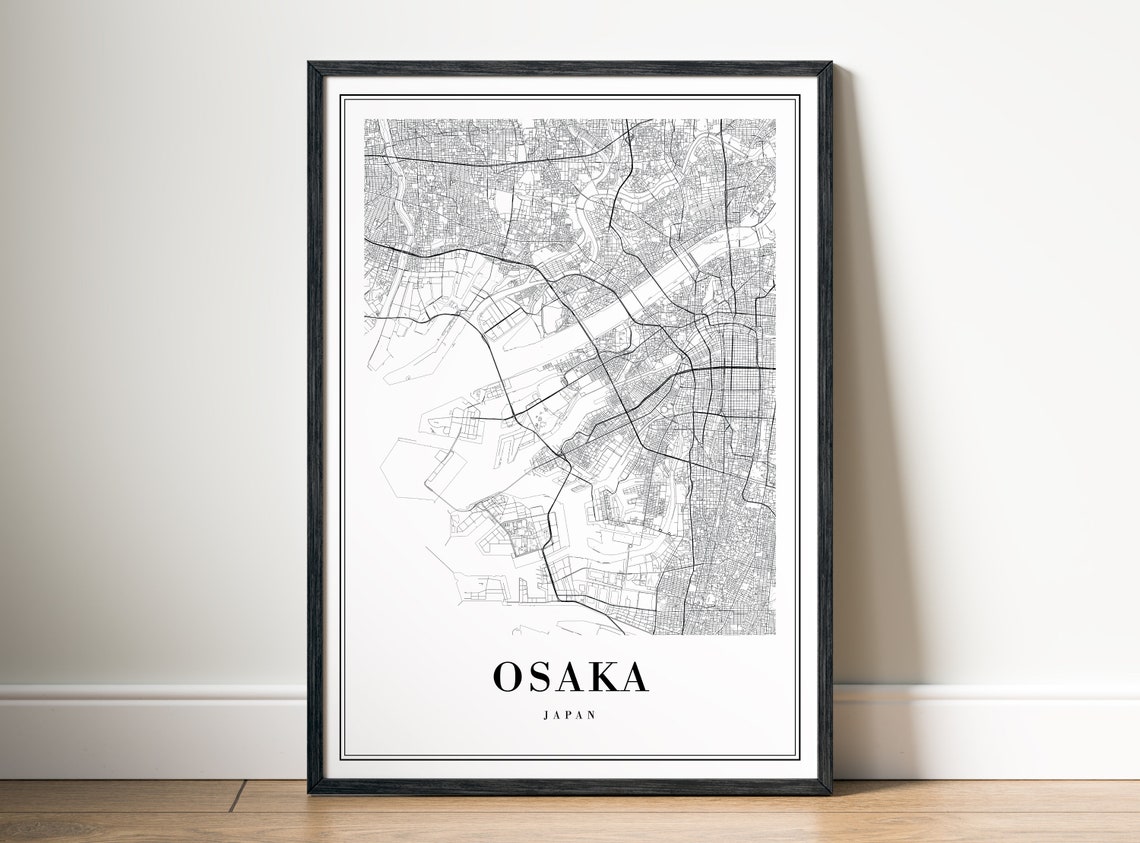 Osaka Japan Minimalist Black and White Street Map Art Poster