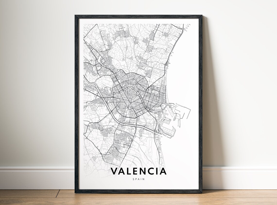 Valencia Map Black And White Travel Poster