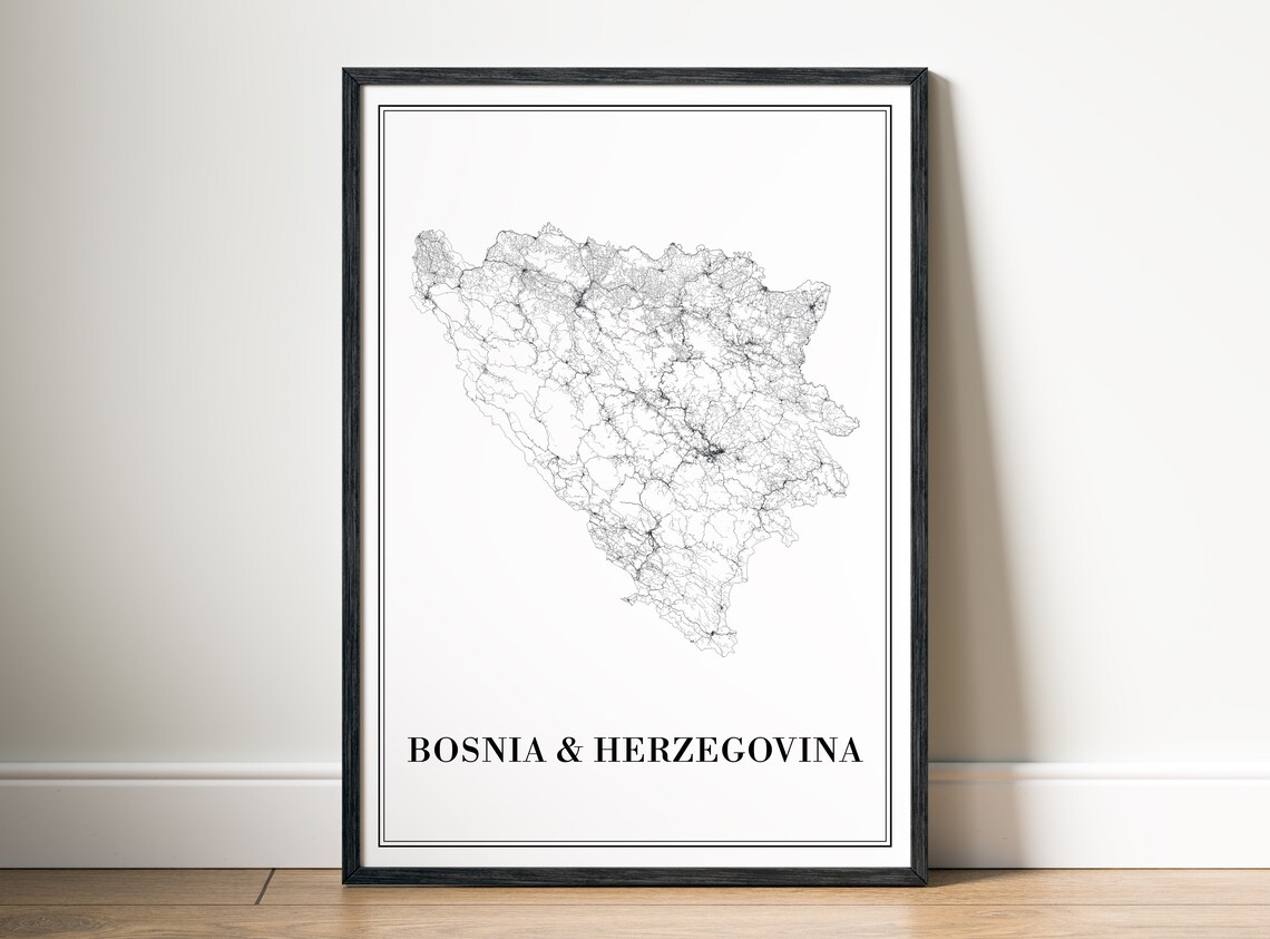 Bosnia And Herzegovina Minimalist Black White Country Map Poster