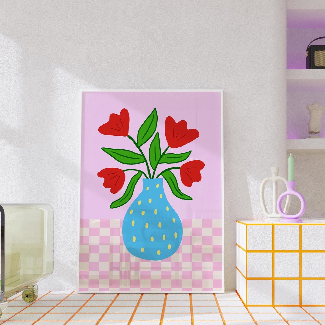 Red Tulips in Blue Polka Dot Vase Pink Checkerboard Floral Poster