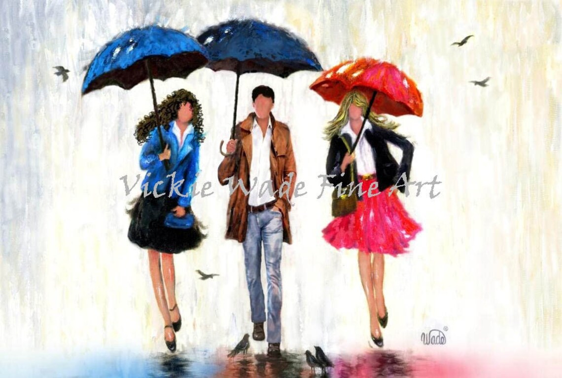Three Young Friends Walking in Rain with Colorful Umbrellas Art Poster
