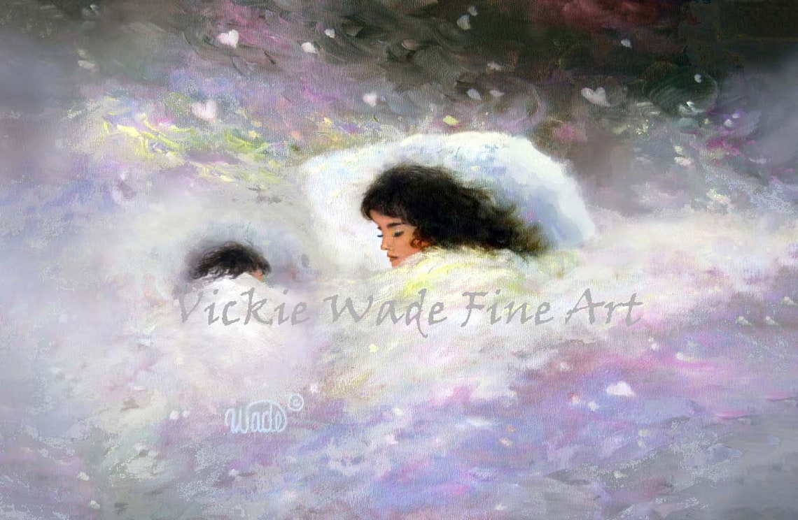 Dreamy Sleeping Mother and Baby Wrapped in Soft Clouds Poster