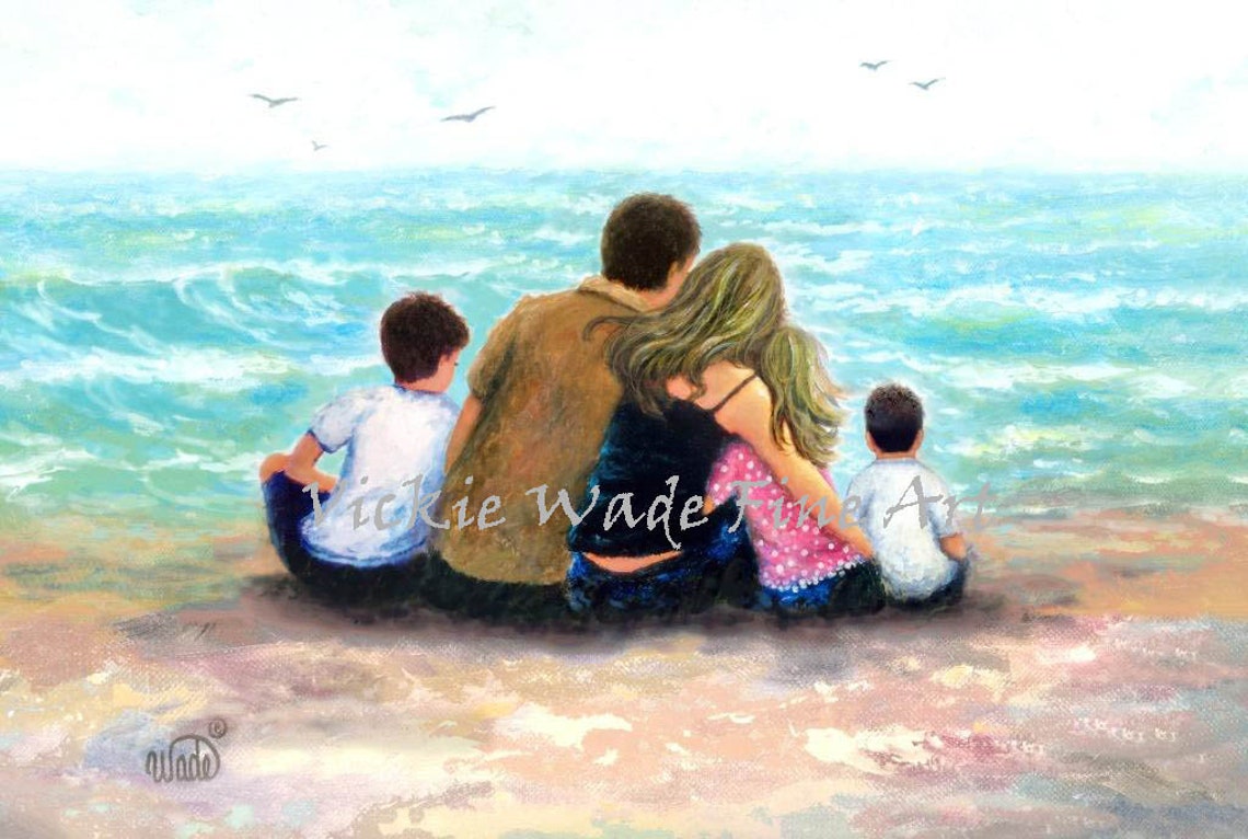 Beach Family Three Children Art Print Mom Dad Two Brothers And Sister Family Of Five Beach Mother Father Three Kids Vickie Wade Art