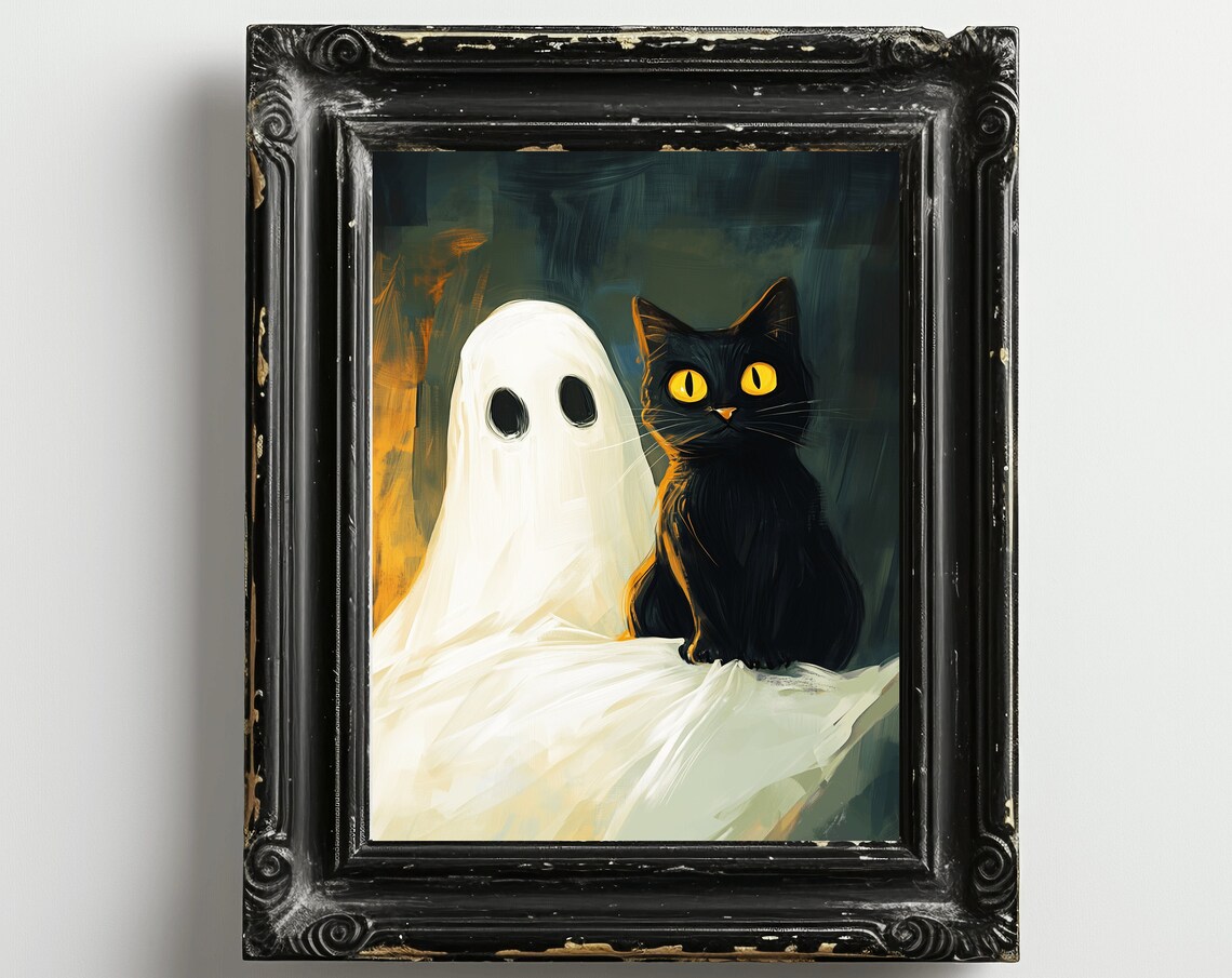 Cute Ghost Holding a Black Cat Halloween Spooky Painterly Art Poster - Image 4