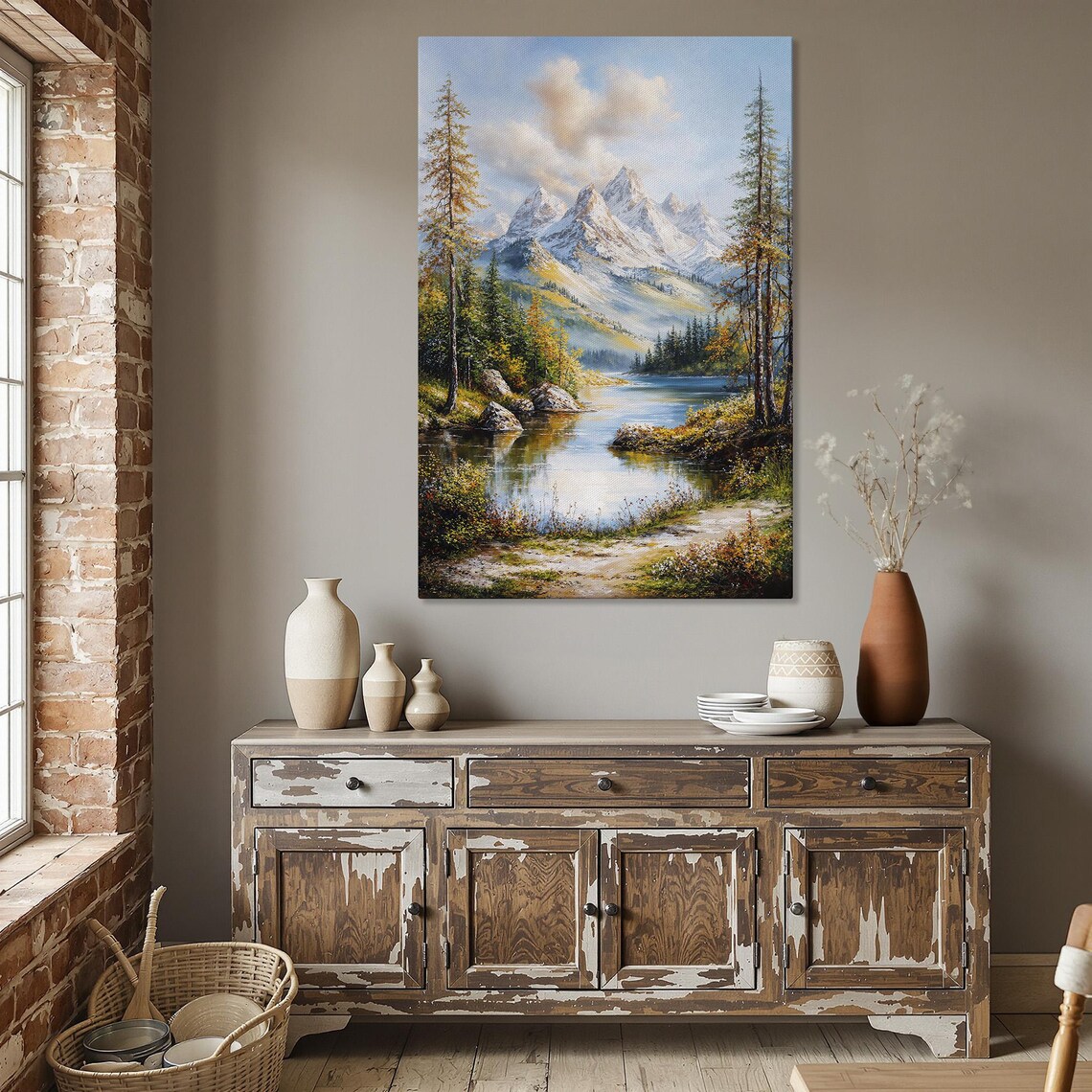 Majestic Mountain Peaks Art Print, Rustic Landscape