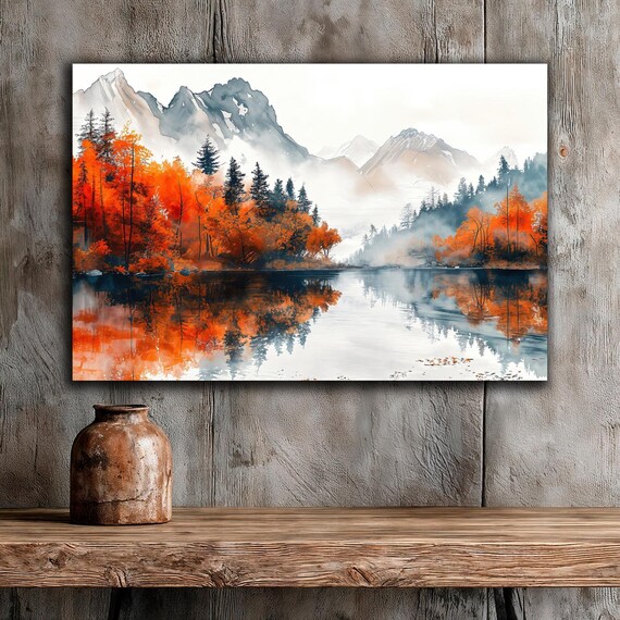 Autumn Mountain Lake Misty Peaks Fall Forest Reflection Watercolor Poster