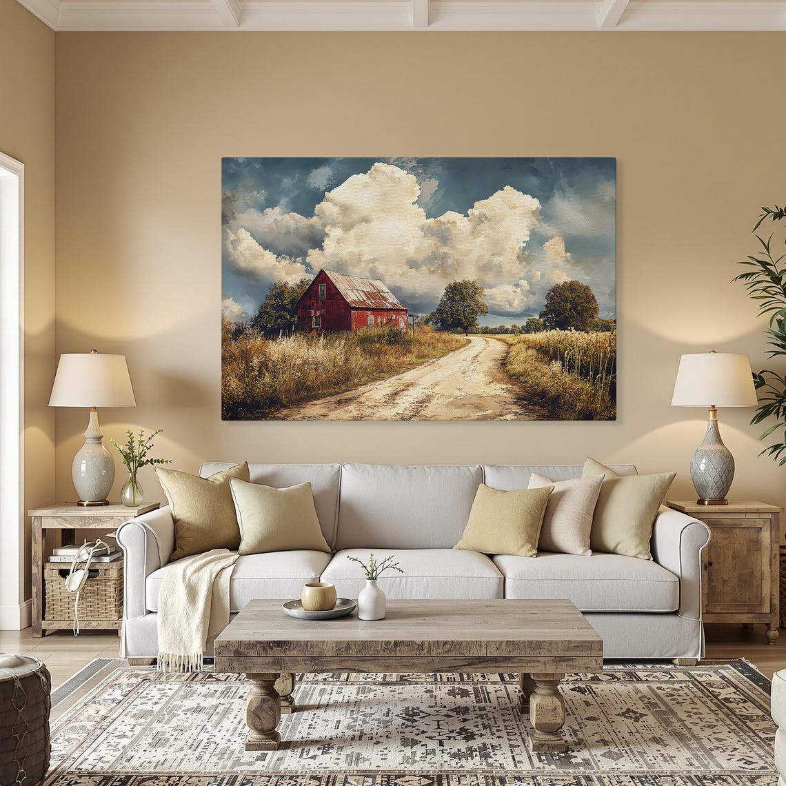Red Barn Dirt Road Countryside Farm Landscape Canvas Art Poster