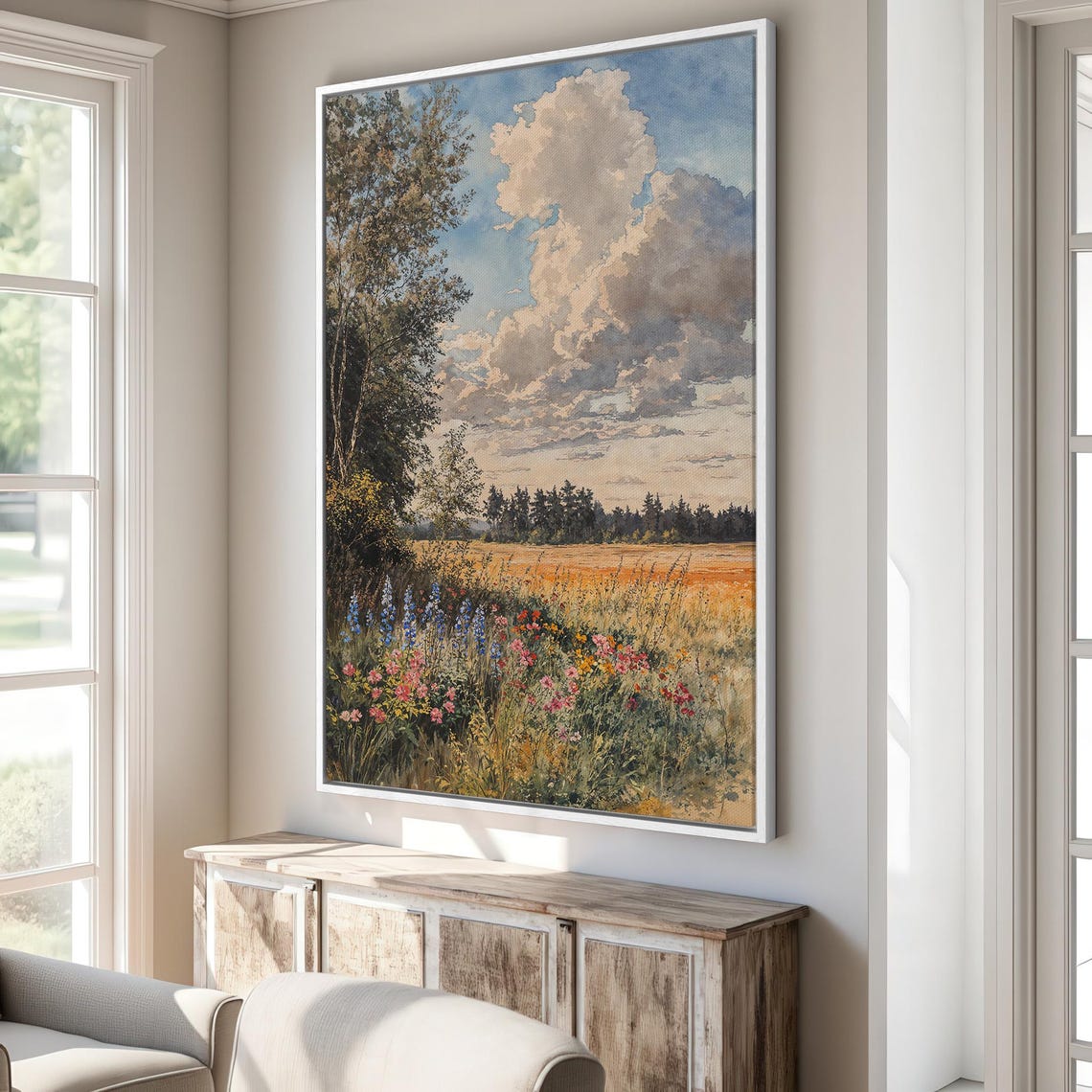 Vibrant Wildflower Meadow Watercolor Dramatic Cloud Landscape Poster - Image 3