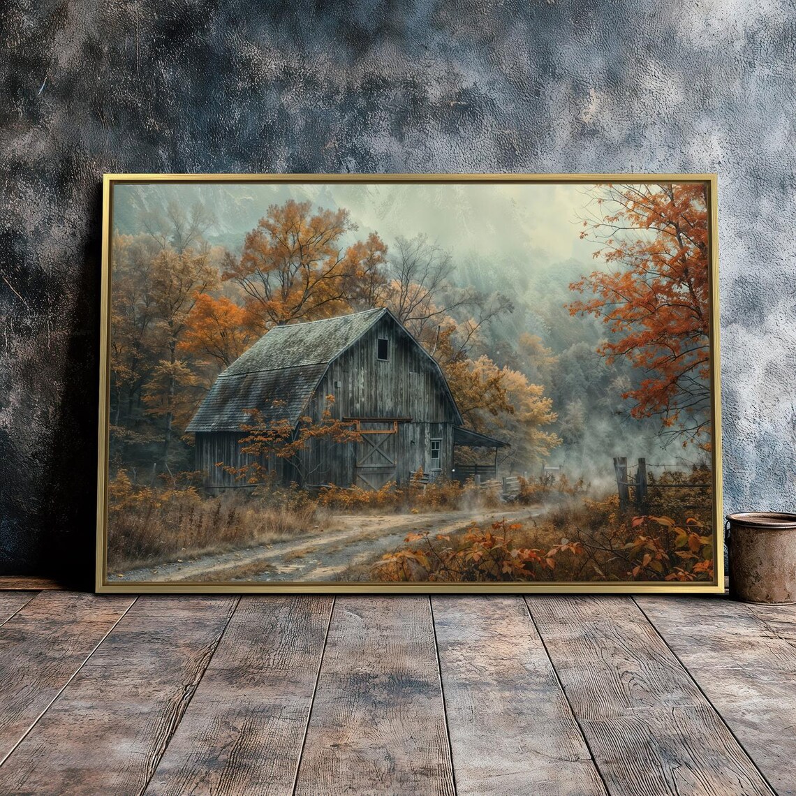 Rustic Old Barn Misty Autumn Landscape Art Print - Image 2