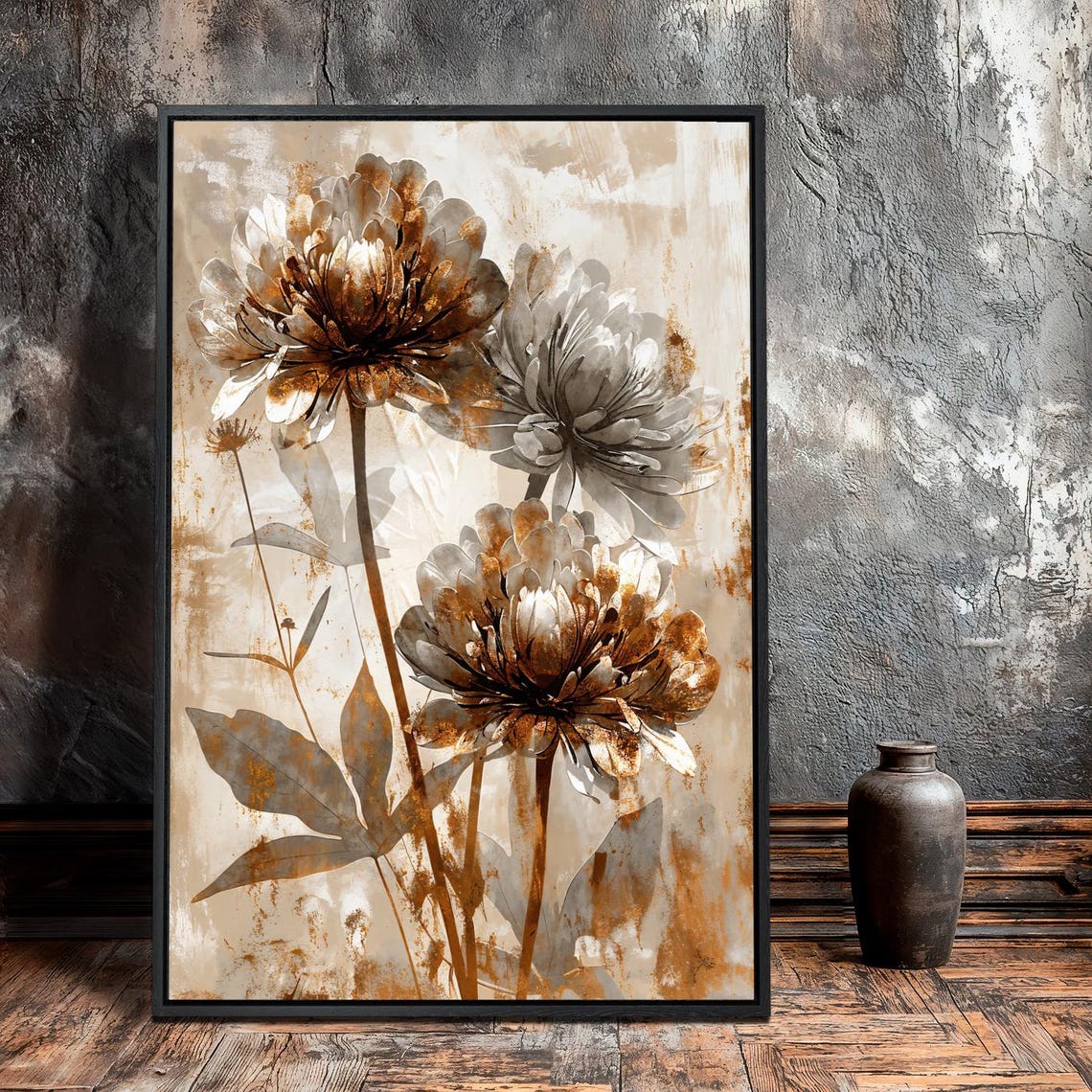 Golden Rustic Floral Beige Brown Botanical Painting Art Poster - Image 2