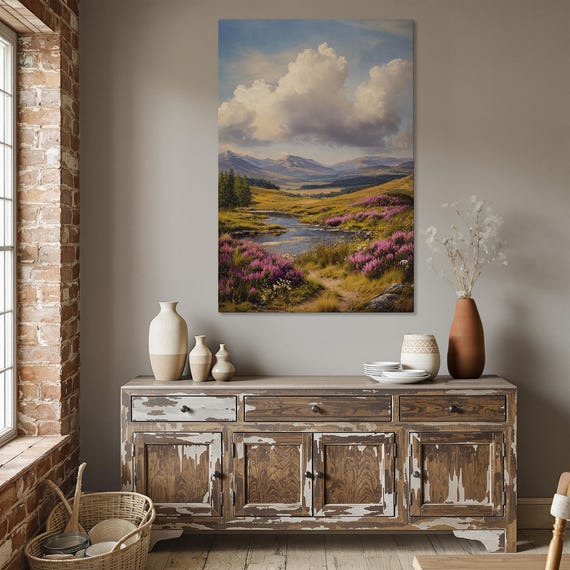 Serene Mountain View Framed Canvas Print Rustic Country Landscape Wall Art Nature Scenery Painting Home Decor Ready To Hang