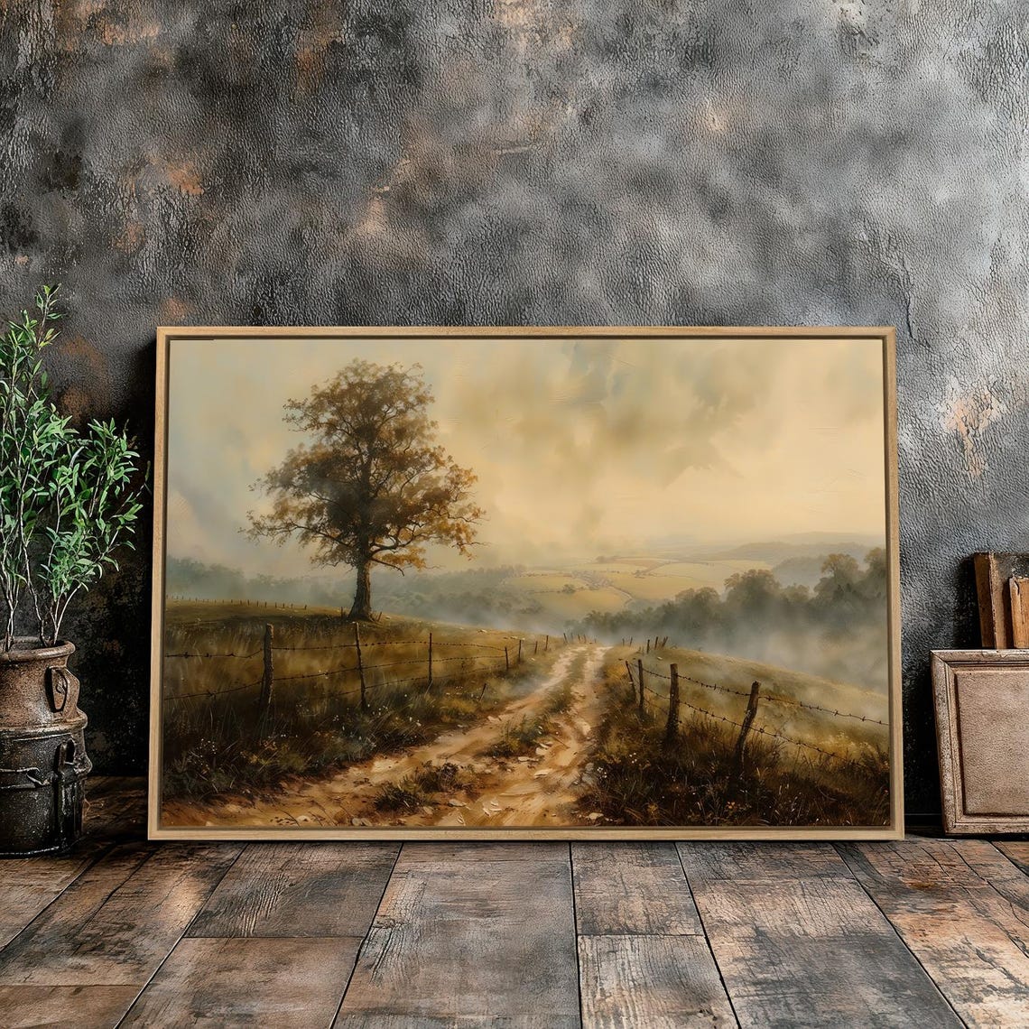Misty Country Road Lone Tree Vintage Countryside Landscape Wall Art