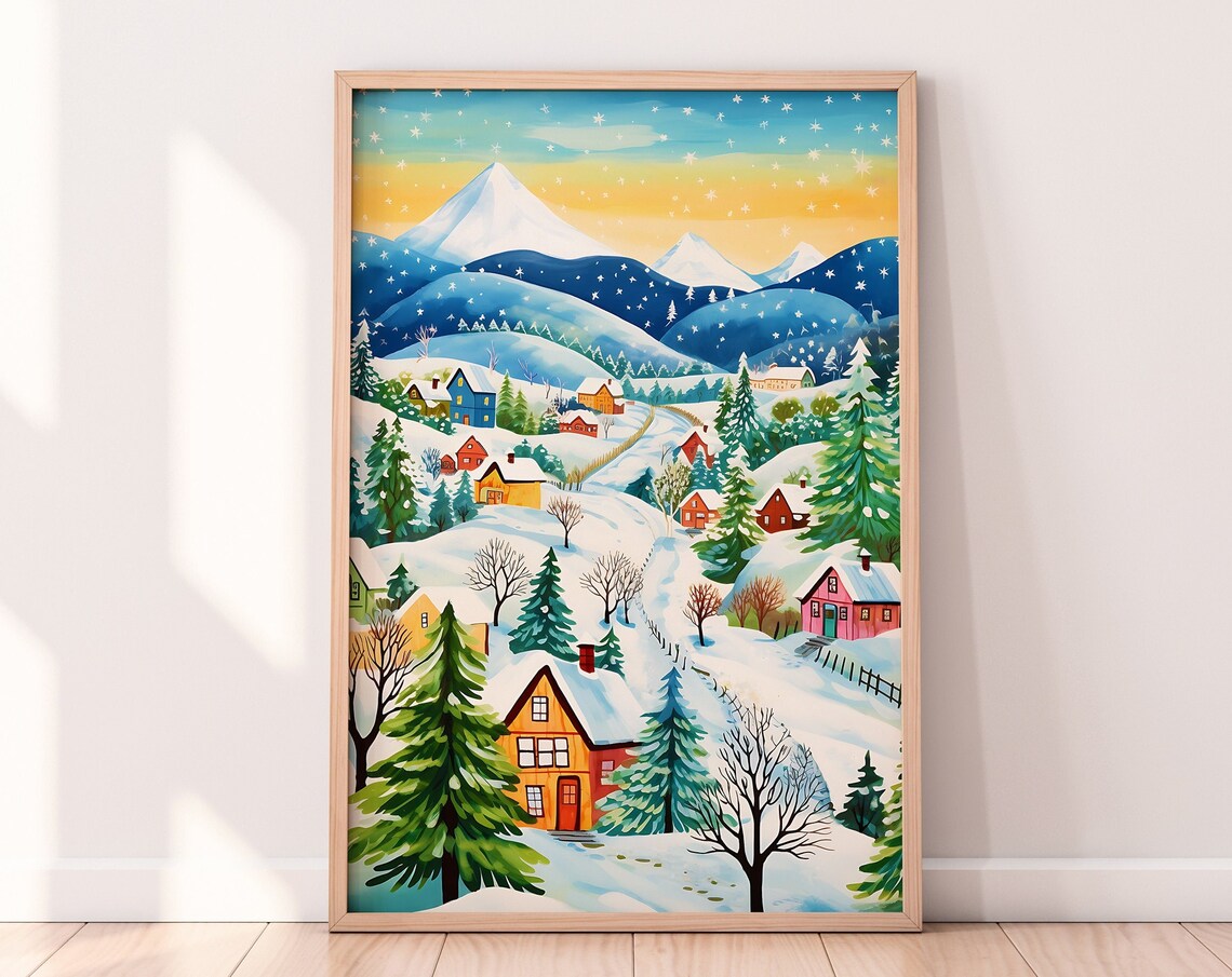 Christmas Town Art Print, Holiday Cottage Scene - Image 4