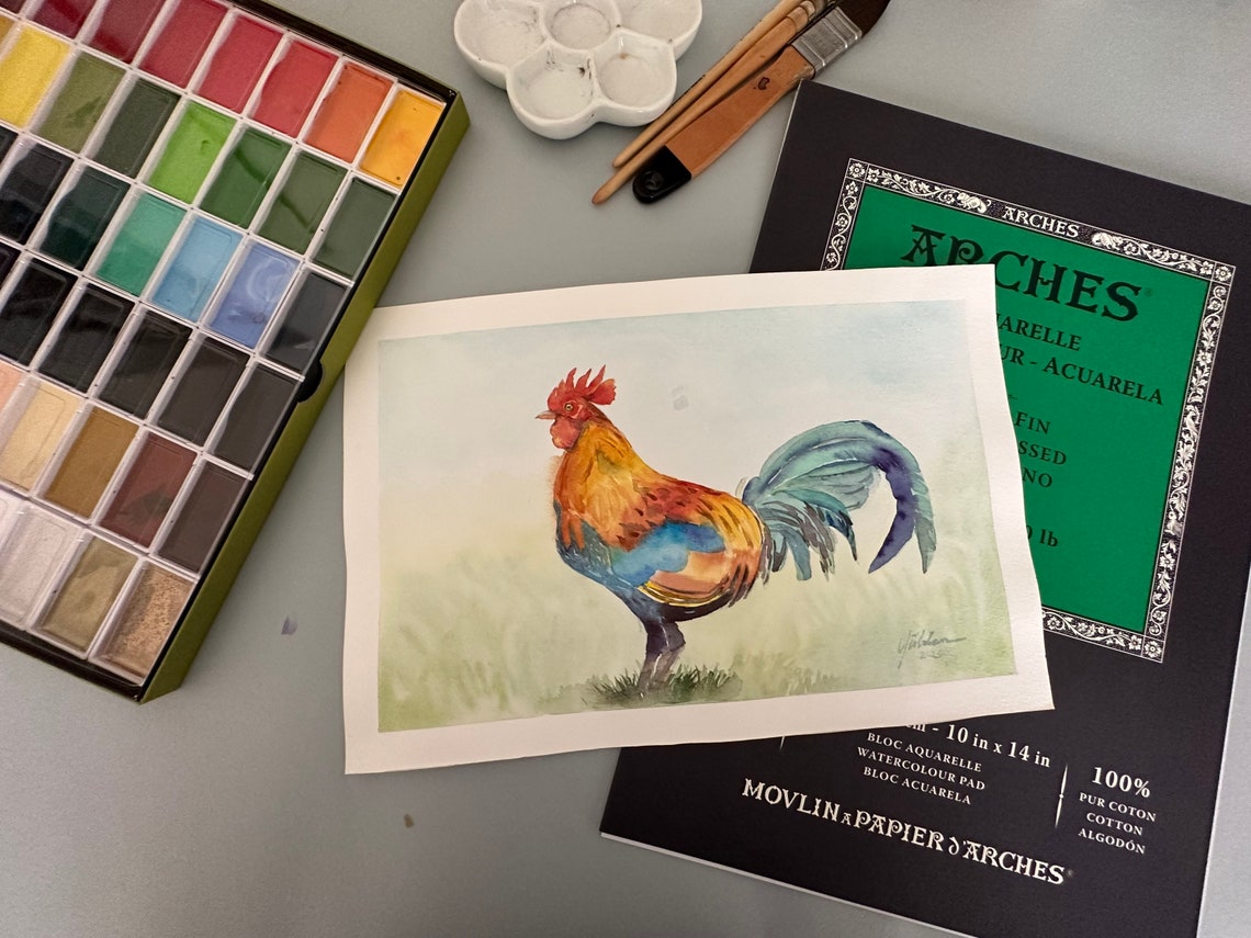 Vibrant Colorful Rooster Watercolor Painting in Orange and Teal Poster