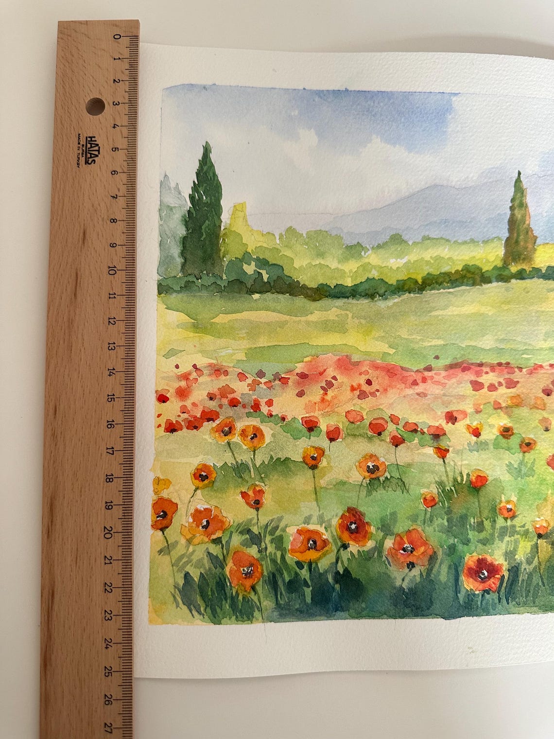 Poppies Field Original Watercolor Painting Floral Wall Art Poppy Meadow Landscape Flowery Countryside Art Impressionist Art 10x14 In - Image 2