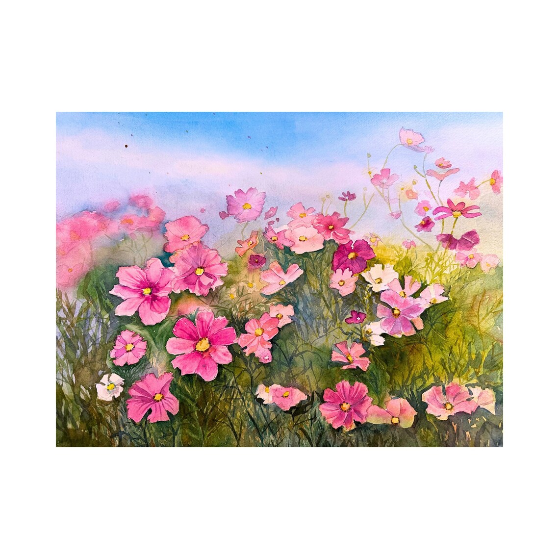 Pink Cosmos Flowers Field Under Blue Sky Watercolor Floral Poster - Image 5