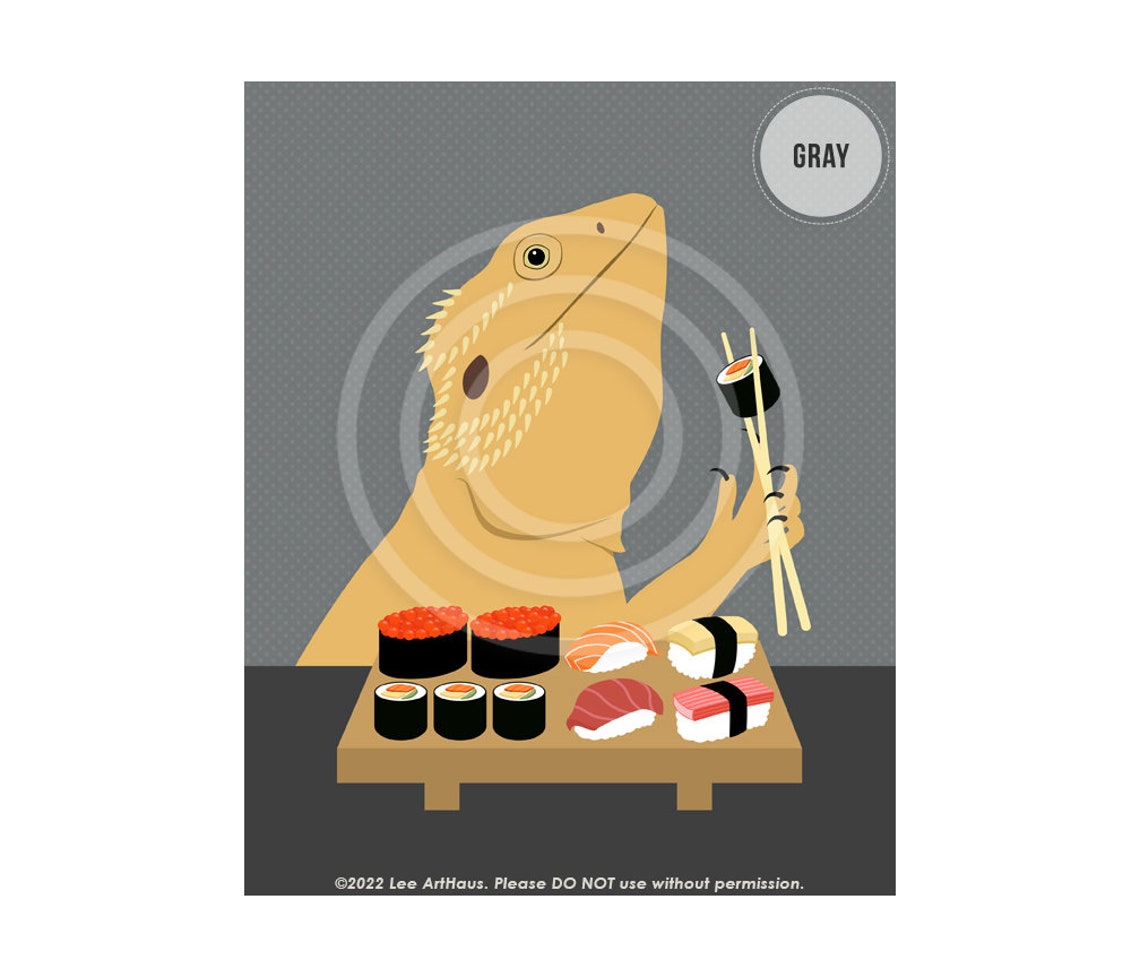 Bearded Dragon Eating Sushi With Chopsticks Funny Animal Art Poster - Image 4