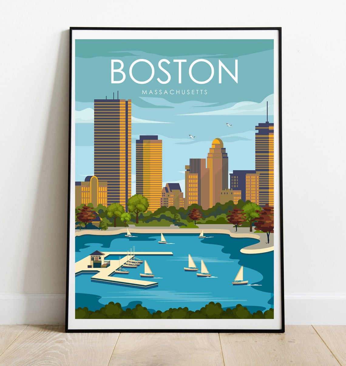 Boston Massachusetts Skyline Sailboats Harbor Retro Travel Poster