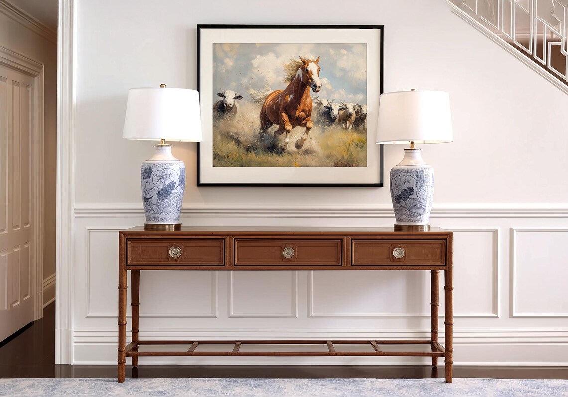 Chestnut Horse Galloping Beside Cattle Western Ranch Action Poster - Image 4
