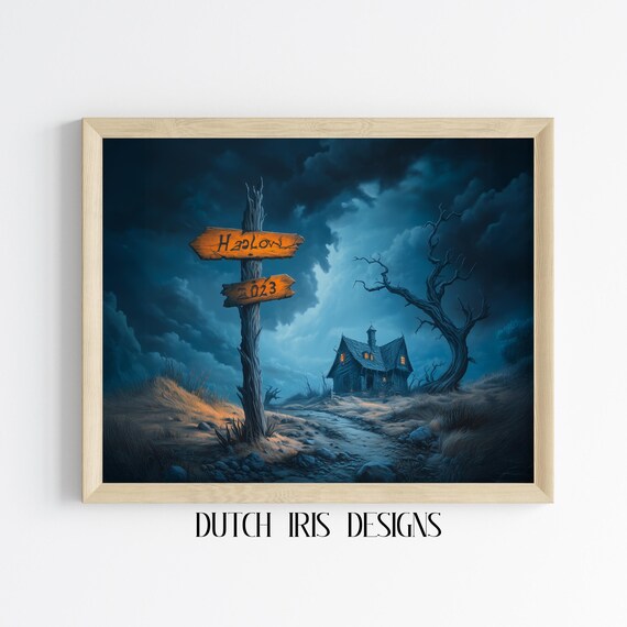 Spooky Hollow 2023 Wooden Signpost Pointing to a Haunted Cottage Poster