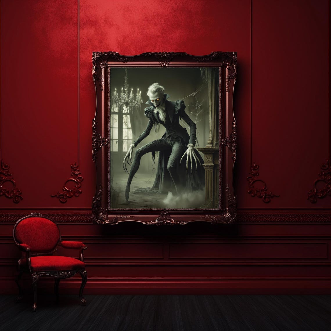 Pale Vampire With Long Claws In Dark Chandelier Hall Horror Poster - Image 3