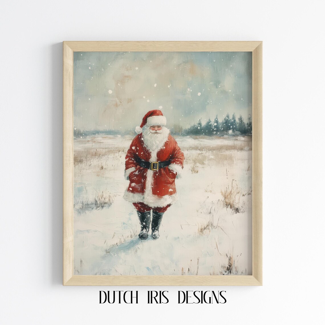 Vintage Santa Walking Through Snowy Field Rustic Christmas Scene Poster
