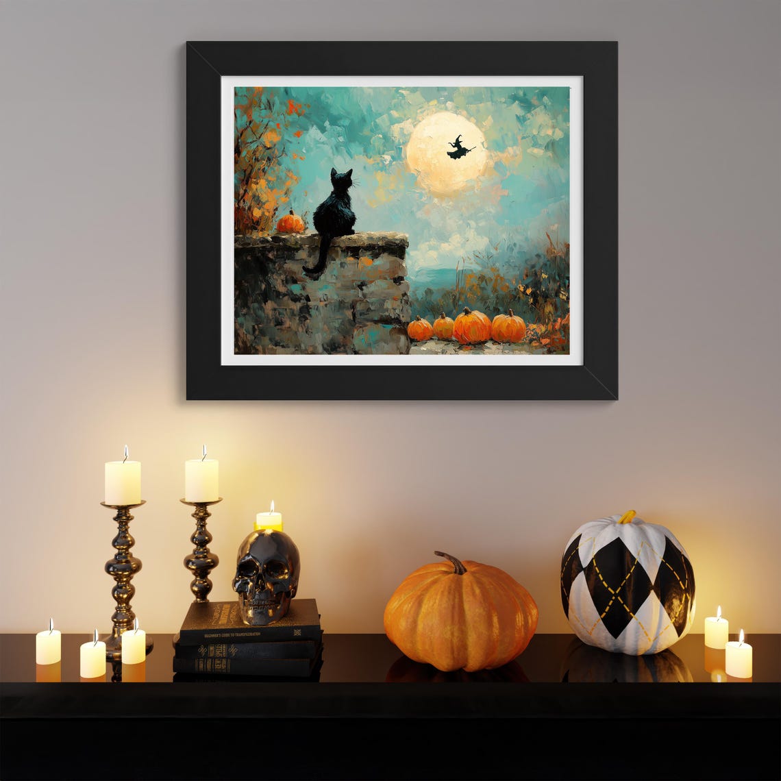 Black Cat Watching Full Moon With Witch Silhouette Halloween Poster - Image 3