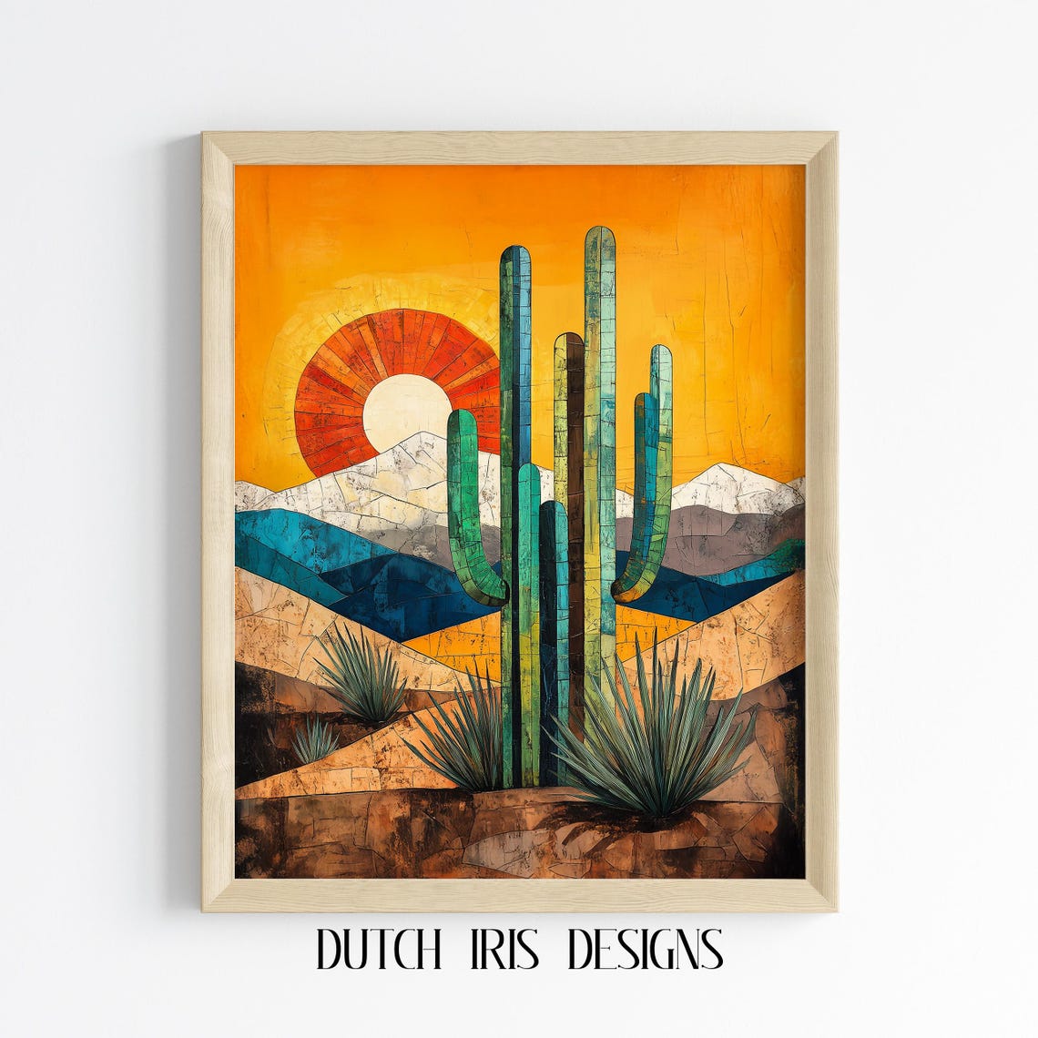 Cubist Desert Sunset Saguaro Cacti Mountains Landscape Art Poster