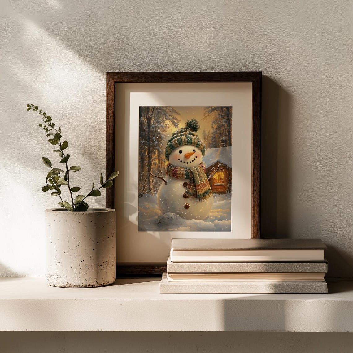 Cozy Snowman In Knit Hat And Scarf By Snowy Cabin Winter Art Poster - Image 2