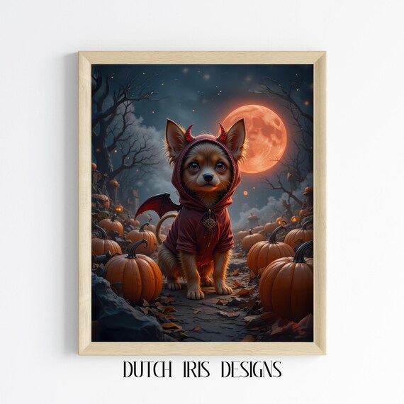 Cute Anime Dog in Pumpkin Patch Halloween Night Moonlit Poster