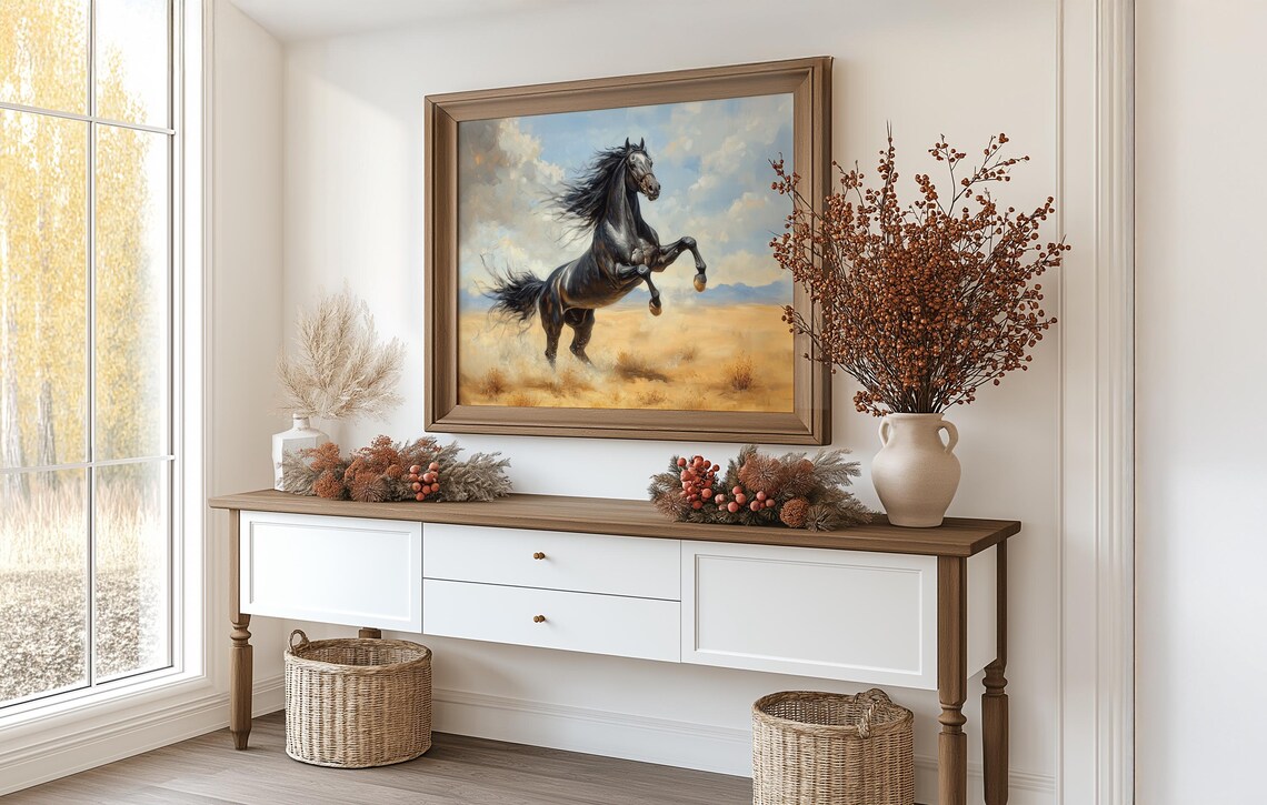 Black Horse Rearing In Golden Desert Majestic Equestrian Poster - Image 3