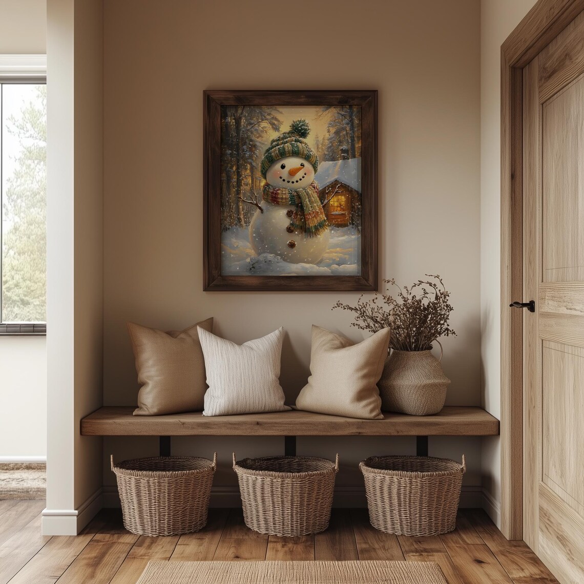 Cozy Snowman In Knit Hat And Scarf By Snowy Cabin Winter Art Poster - Image 4
