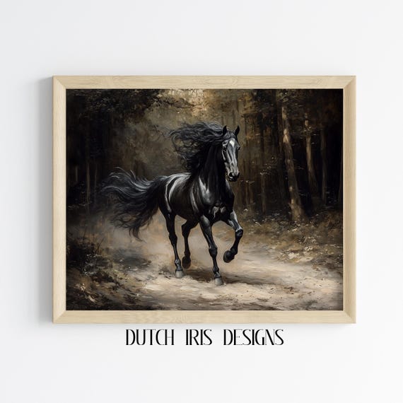 Friesian Horse In Forest Path Rustic Wall Art Graceful Trotting Moody Nature Vintage Farmhouse Decor 473