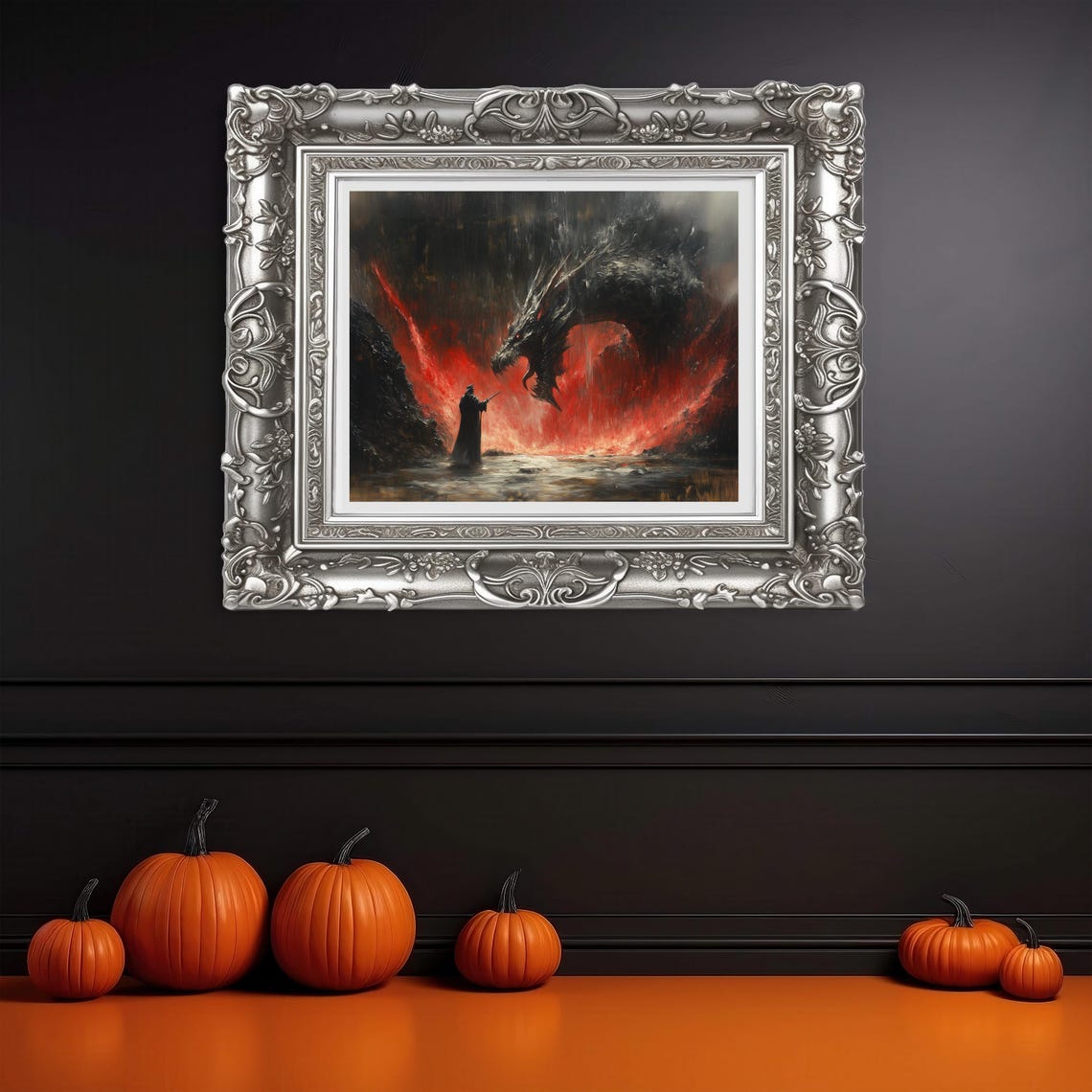 Dark Wizard Facing Giant Dragon In Fiery Red Epic Fantasy Art Poster - Image 3