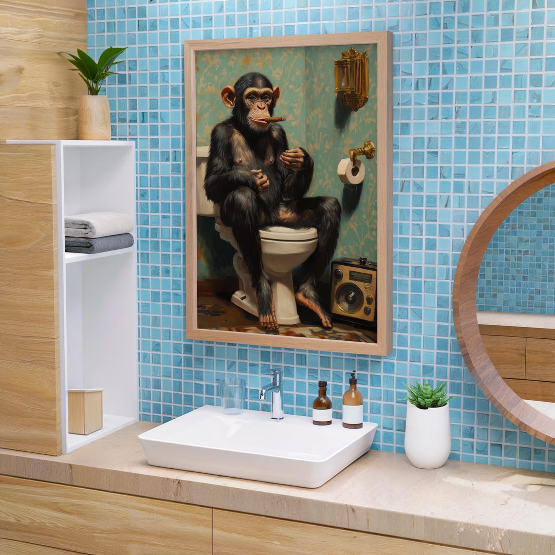 Whimsical Monkey In Bathroom Art Vintage Style Oil Painting Humorous Wall Decor Playful Print 688 - Image 2