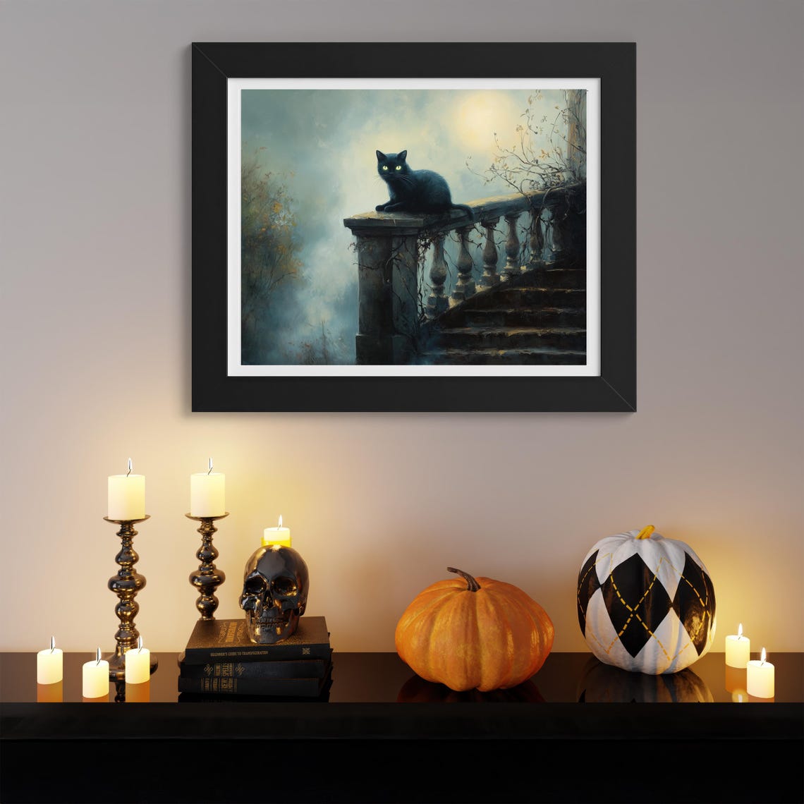 Black Cat On Stone Staircase Under Full Moonlight Gothic Poster - Image 3