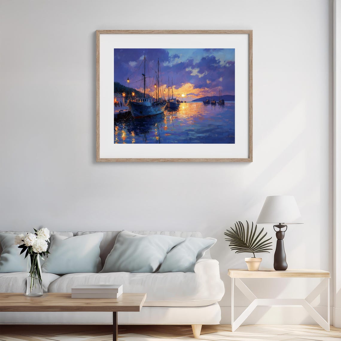 Fishing Boats In Harbor At Sunset Night Lights Impressionist Poster - Image 4