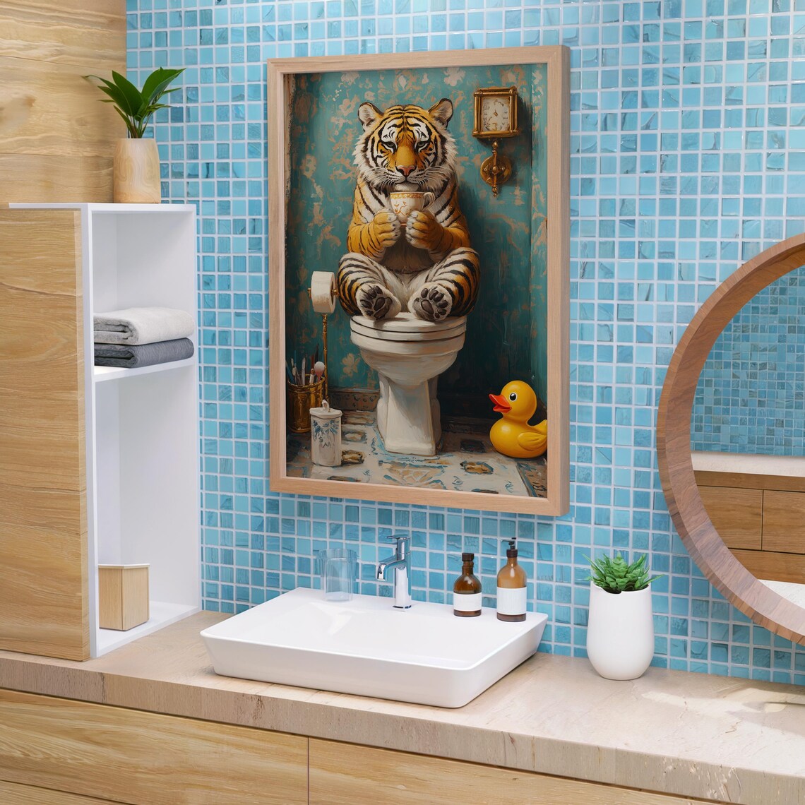Whimsical Bathroom Tiger Funny Animal Toilet Scene Wall Poster - Image 2