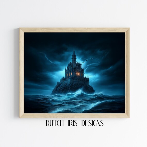 Gothic Castle on a Rocky Island in a Stormy Sea Lightning Night Poster