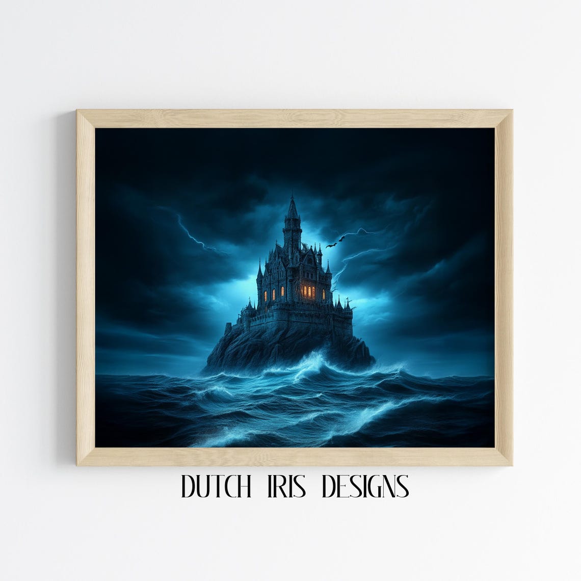 Gothic Castle on a Rocky Island in a Stormy Sea Lightning Night Poster
